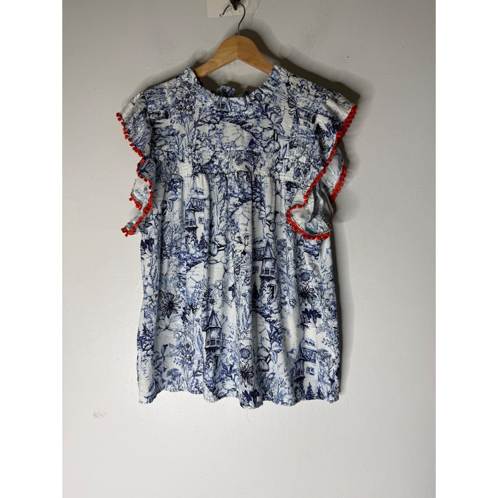 THML Blue White Toile De Jouy Smocked Pom Pom Flutter Sleeve Top XL WCT1236-1-BL